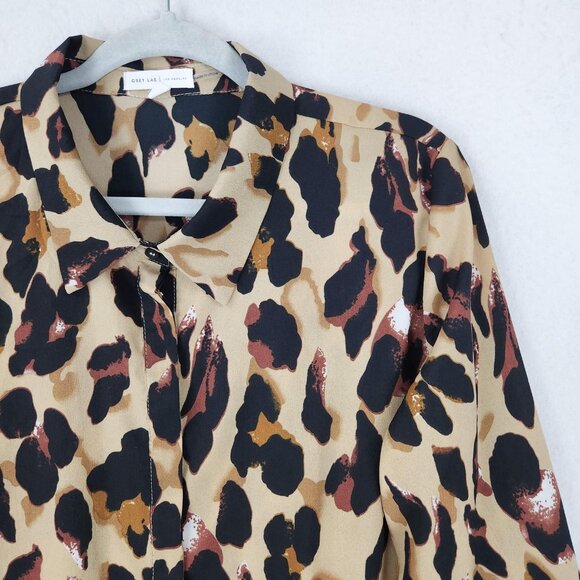 Grey Lab Shirt Womens XL Tan Black Leopard Print Button Down Long Sleeve Blouse - Picture 2 of 11